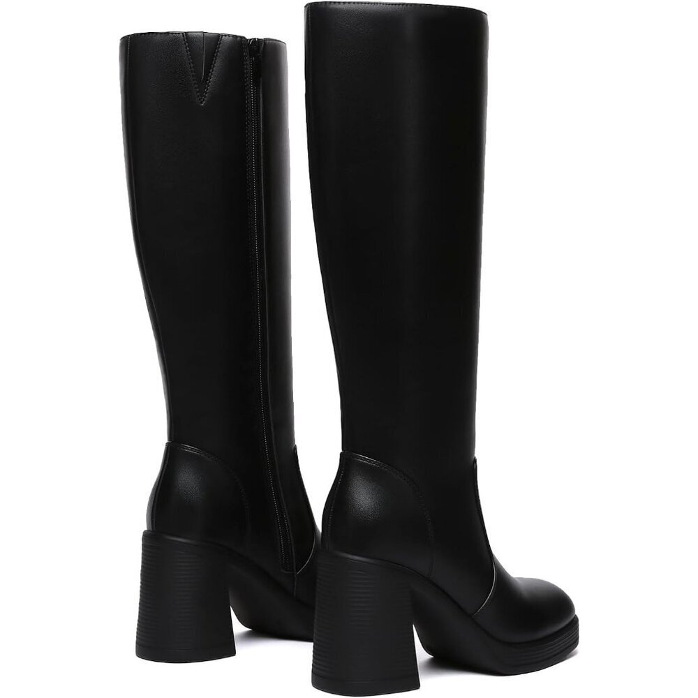 Women's Black Athlefit Knee High Platform Heeled Toe Chunky Side Zipper Boots - Picture 6 of 6